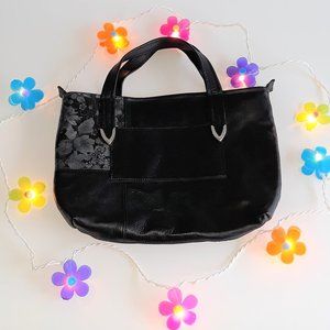 *Bamzi Bag Metallic Silver Flora Printed Black Leather Handbag Midwest